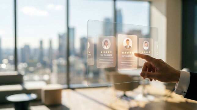 Digital Recruitment Interface: A recruiter's hand interacts with a holographic interface displaying candidate profiles.