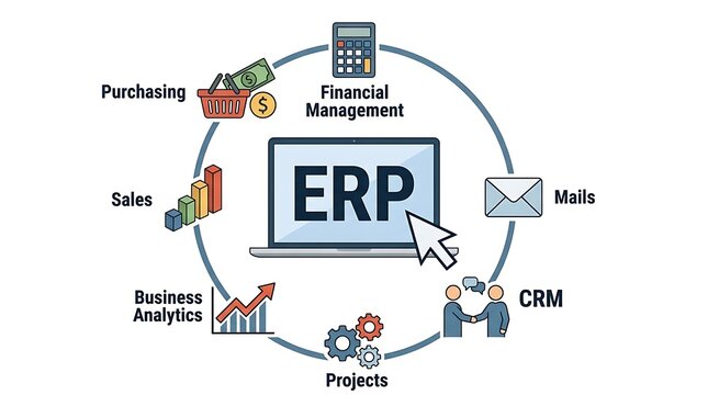 ERP system modules diagram with icons and labels