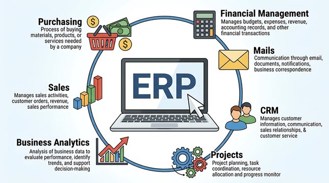 ERP system diagram with business functions and icons