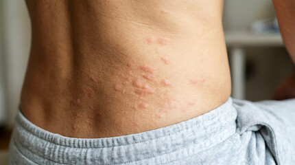 Naklejka premium Close-up of person's neck and shoulder with red rash
