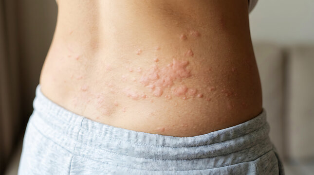 Close-up of person's upper back with red rash skin
