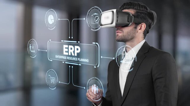 A professional man engages with a virtual reality headset in a modern office, exploring advanced ERP solutions and visualizing important business data insights. Raster