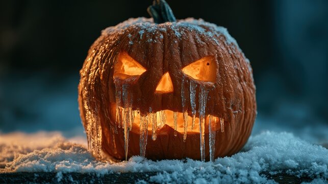 Scary frozen pumpkin with icicles glowing inside on snowy ground at night