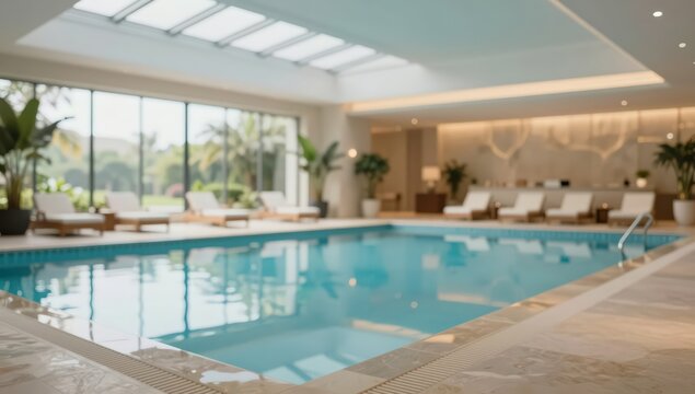 Luxury indoor swimming pool spa wellness center resort blurred background relaxation lounge area hotel interior design leisure lifestyle amenities