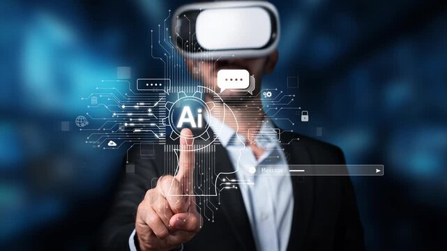 A businessman in a VR headset interacts with an AI interface, depicting the intersection of technology and innovation in a digital workplace of the future. Raster