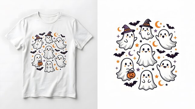 White t shirt mockup featuring a cute hand drawn halloween pattern with ghosts bats and pumpkins for festive seasonal apparel design and print