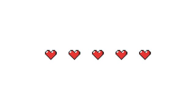 8-bit Pixel Heart Health Bar Motion Background with Retro Status Icons for Game UI in 4K video