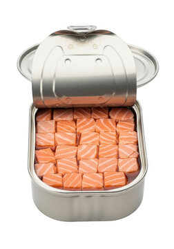 Fresh raw salmon fish cubes packed inside a metallic open tin can for healthy food storage isolated on transparent background