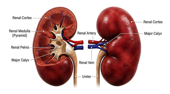 Cross-section anatomy of human kidneys with labeled structures