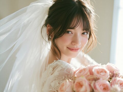 ウェディングベールを纏い美しいバラのブーケを持つ花嫁のポートレート