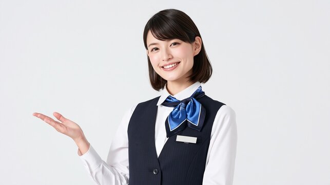 青いリボンを着用し右手を差し出して案内するフロント受付の女性