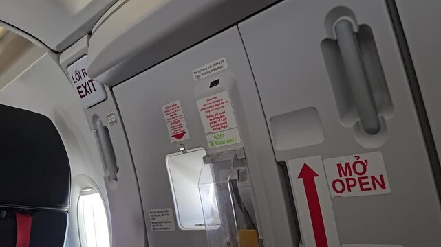 Airplane emergency exit door handle and safety instruction signs in Vietnamese and English.