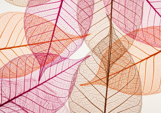 Abstract composition of colorful skeleton leaves arranged in decorative pattern showing detailed botanical vein structures on white background.