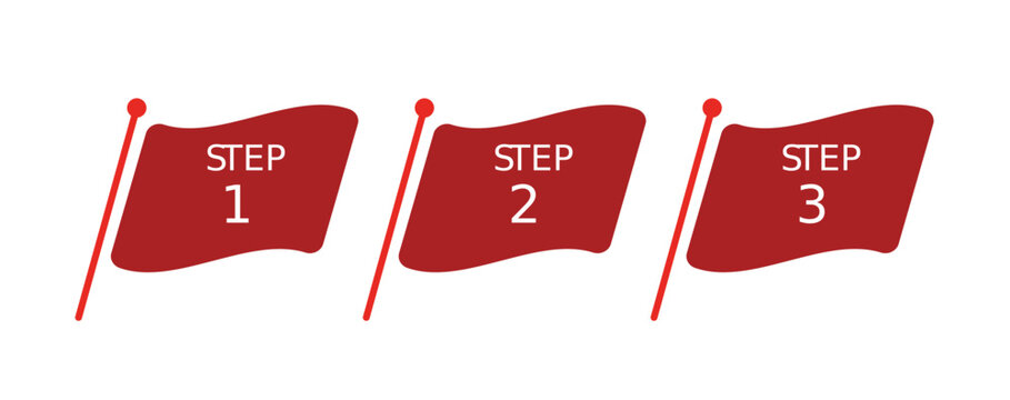 STEP1から3までの赤い旗が並ぶプロセス図 | 手順や段階を解説するビジネス資料やWebサイト向けのグラフィック素材
