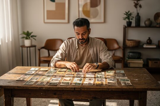 Thoughtful Man Organizing Vintage Photographs at Rustic Wooden Table in Cozy Home Office, Warm Afternoon Light Streaming Through Window, Mid-Century Modern Decor, Capturing Nostalgia and Reflection