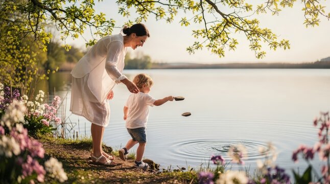 Joyful Mother and Child Skipping Stones by Tranquil Lakeside, Sunlit Spring Afternoon, Surrounded by Blooming Wildflowers, Soft Warm Light, Capturing Cherished Family Moments