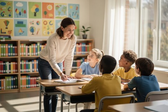 Enthusiastic Female Teacher Engaging with Diverse Group of Young Students in Bright Classroom, Natural Daylight Streaming Through Windows, Colorful Educational Posters on Walls, Capturing Joyful