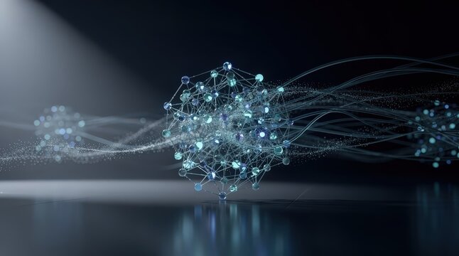 Futuristic Digital Network Visualization with Interconnected Nodes and Lines in Dark Abstract Space, Soft Glow and Subtle Reflections, Cool Blue and Silver Tones, Capturing Innovation and Complexity