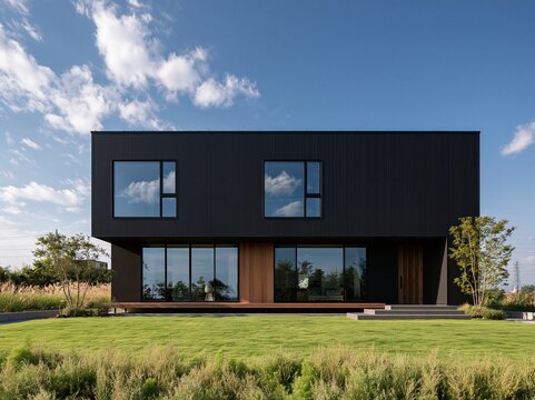 青空と豊かな緑に映える黒いウッドサイディングのモダンな二階建て住宅