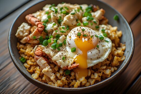 crab and hashbrown breakfast bowl topped with a fried egg