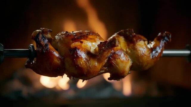Golden Brown Rotisserie Chicken Cooking Over Open Fireplace Flames