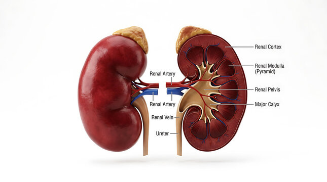 Cross-section of human kidneys showing internal anatomy