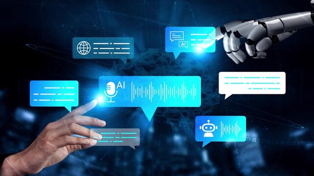 Futuristic Interaction of Human Hand and Robotic Arm with AI Chat Bubbles Representing Communication and Technology Concepts in Digital Environment Gluon.