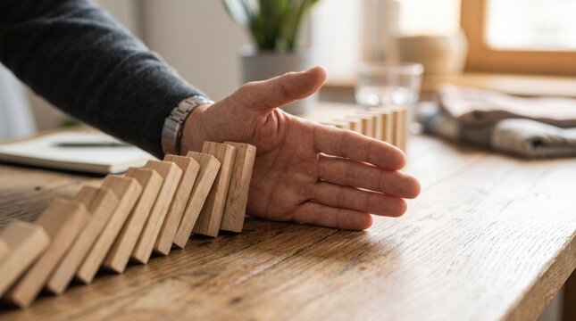 Risk management and crisis prevention concept, hand stopping falling dominoes to protect business stability and financial safety.