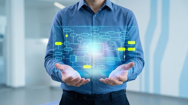 Man holding glowing digital network flowchart on transparent screen