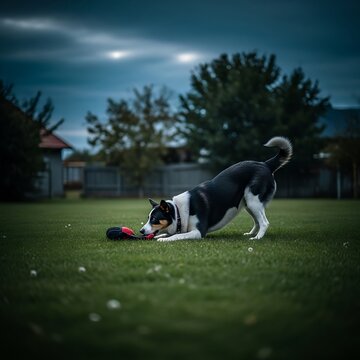 Energetic dog in play bow position on green lawn at dusk