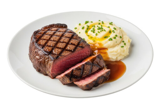 Grilled beef steak with mashed potatoes and brown gravy sauce potatoes restaurant culinary delicious