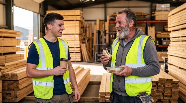 Two happy male workers laughing during lunch break at lumberyard warehouse standing near stacks of wood boards