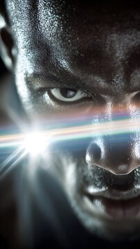 Extreme close-up of a sweaty male athlete's intense focus and glare, with a dramatic horizontal lens flare across his face.