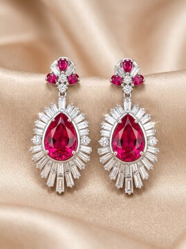 Platinum Drop Earrings Pear Cut Red Ruby Baguette Diamonds Silk