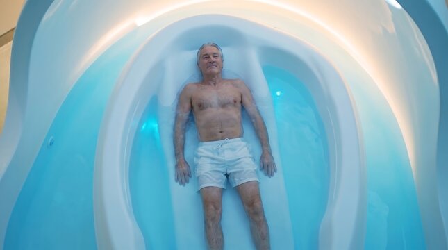 Senior man floating in sensory deprivation tank for relaxation