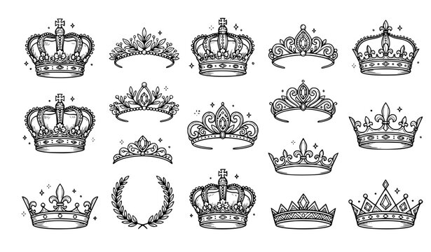 Premium royal crown doodle illustrations with tiara and diadem vector collection