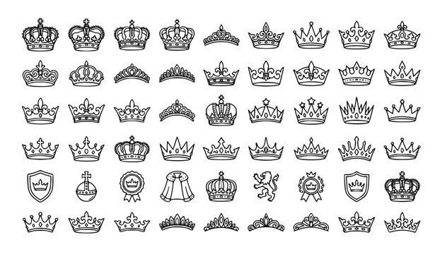 Royal crown doodle icon set with king queen tiara and luxury vector collection