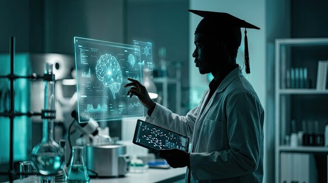 Scientist in Graduation Cap Using Futuristic Holographic Brain Interface and Tablet