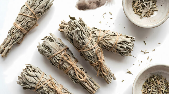 Aromatic white sage smudge sticks, dried herbal bundles for cleansing rituals and spiritual practices, natural incense for meditation and purification