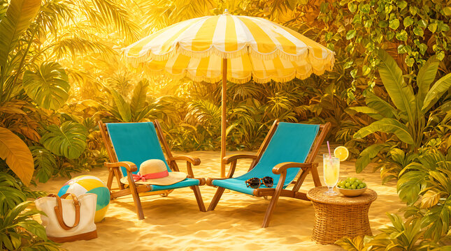Generative AI illustration of Two beach chairs with parasol on lush yellow summer background