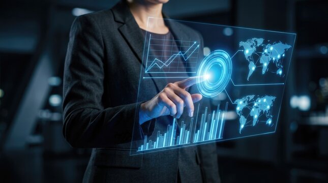Businesswoman interacting with futuristic holographic data interface displaying charts and world map