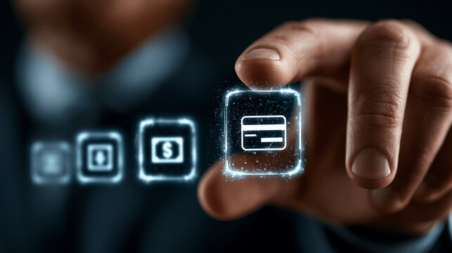 Hand reaches for a digital credit card icon floating within a futuristic financial management system.