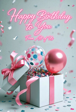 Beautiful birthday celebration with gift box balloons and confetti explosion in pastel colors