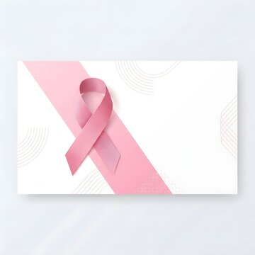 Pink breast cancer awareness ribbon on a divided white and pink background with copy space