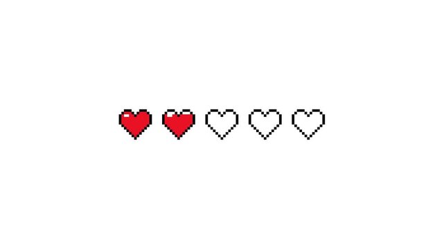 Vivid Red Pixel Heart Health Bar Dynamic Sequence with Sharp 8-bit Retro Gaming HUD Symbols and Smooth Life Depletion Effect in 4K video