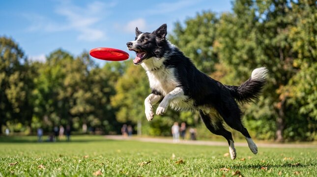 Action shot of a lively Border Collie dog mid-air in a green park, energetically catching a red flying disc toy during a fun outdoor playtime activity