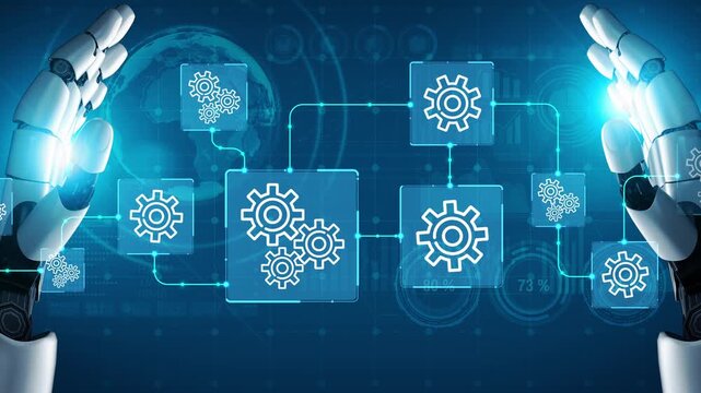 Robotic hands engage with digital gears and data flows, illustrating advanced technology and automation concepts in a vibrant high-tech backdrop. Entropy.