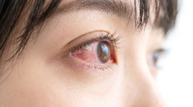 花粉症や結膜炎で目が赤く充血した女性の目元 辛い眼精疲労の症状