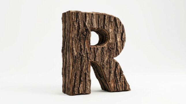 A 3d capital letter r made of dark tree bark wood texture isolated on a clean plain surface for design projects isolated on white background