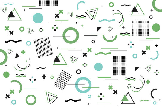 Memphis geometric shapes in Green, black, and teal. Triangles, circles, dots, and wavy lines scatter on transparent, bold retro 80s 90s abstract vector pattern for wallpaper and poster.
